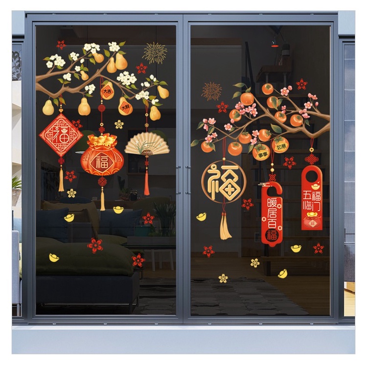 Decal Trang trí Tết 2024, decal dán kính hai mặt, decal có sẵn keo mặt sau trang trí năm mới - T113