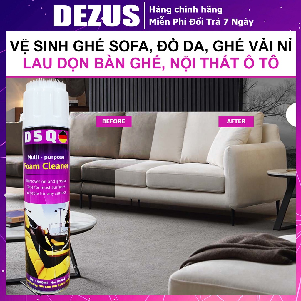 Vệ Sinh Sofa Dsq 650ml - Làm Sạch Ghế Da, Vải, Nỉ, Lau Nội Thất Ô tô - Công Nghệ Bọt An Toàn, Chai Lớn Tiết Kiệm [DEZUS]
