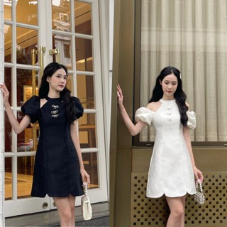 Váy đầm thiết kế tiểu thư cổ yếm tay phồng dáng chữ A chất gấm thêu hoa cao cấp đi chơi đi tiệc Vayemcloset