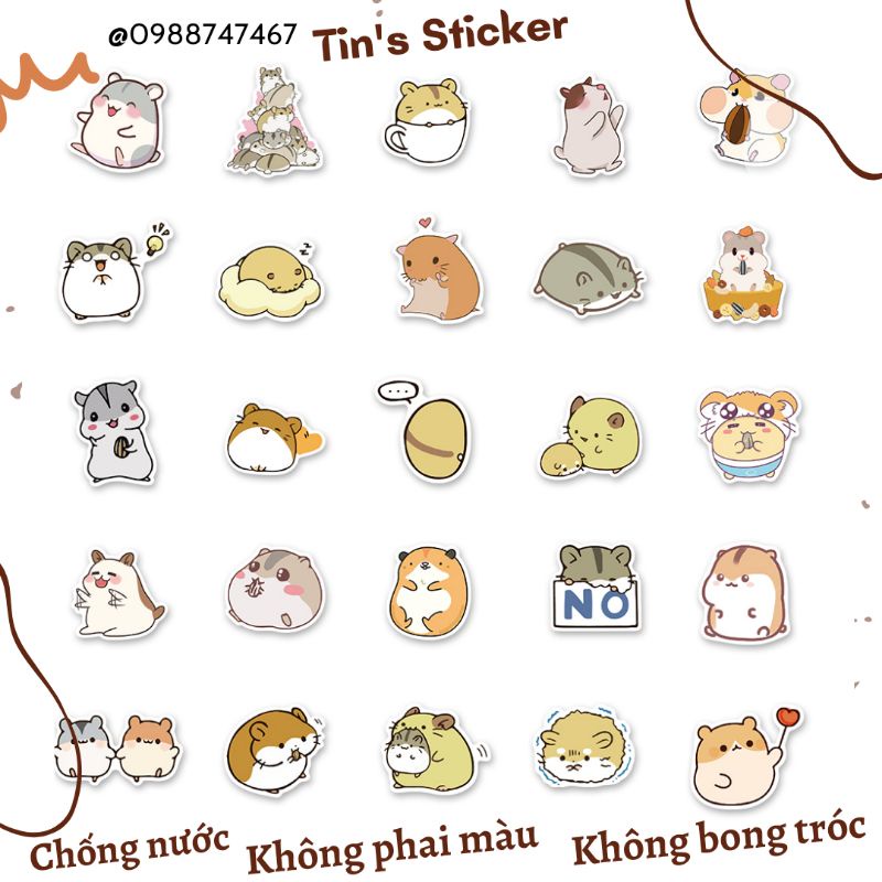 Set combo 50 miếng dán sticker Chuột Hamster đáng yêu dễ thương dán nón mũ bảo hiểm laptop vali sổ sách đàn guitar