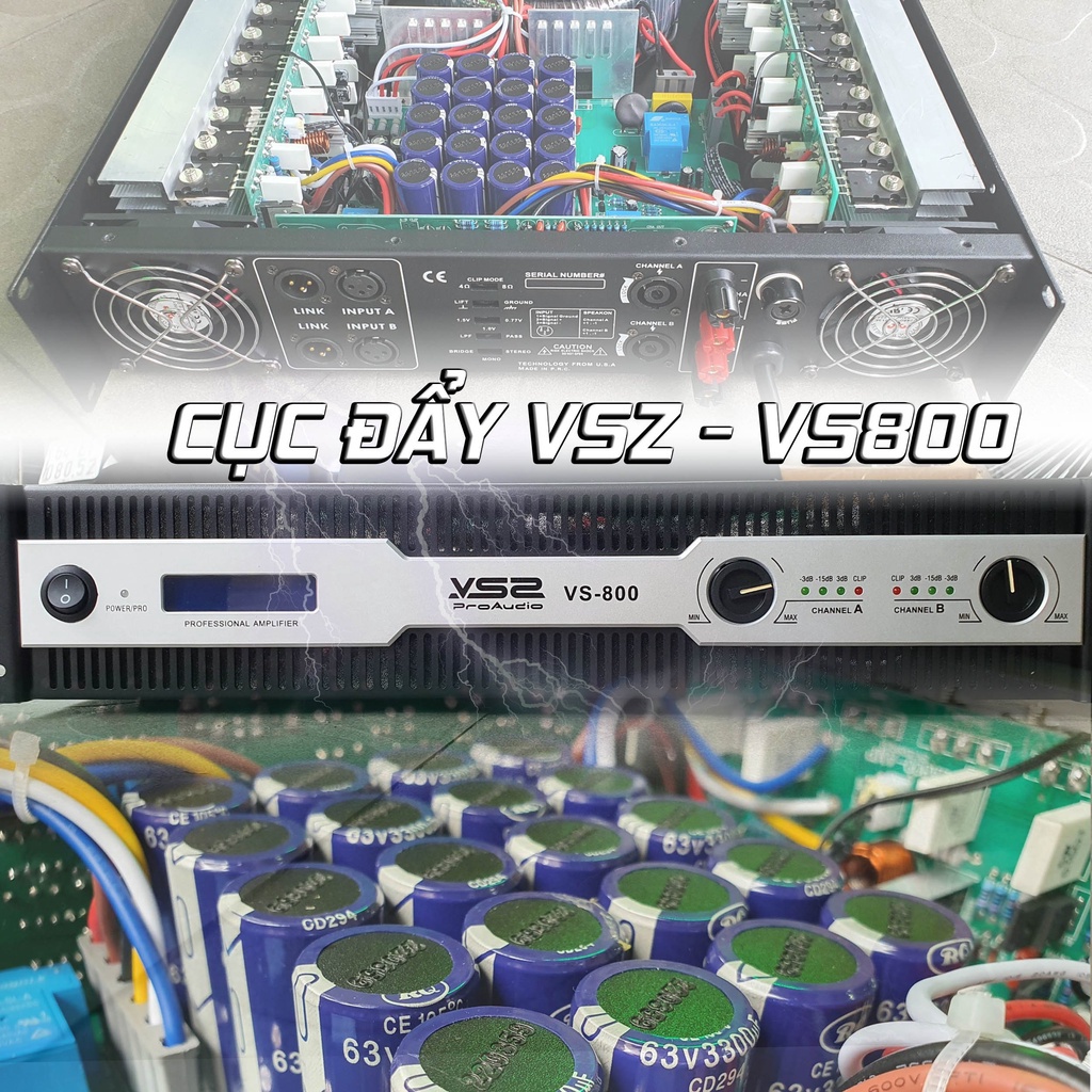 Cục đẩy công suất VSZ VS800 – Dòng cục đẩy 2 kênh 32 sò công suất lớn công suất mạnh 1000W. Bảo Hành 12 tháng