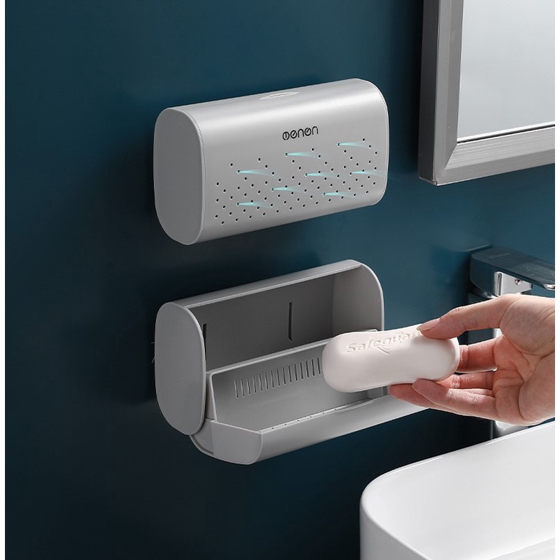 Hộp Đựng Xà Phòng Kín Dán Tường, Khay Để Xà Bông Có Nắp Lật Oenon Có Khay Thoát Nước