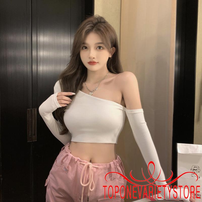 Áo Croptop Trễ Vai Tay Dài Màu Trơn Thiết Kế Đơn Giản Cho Nữ