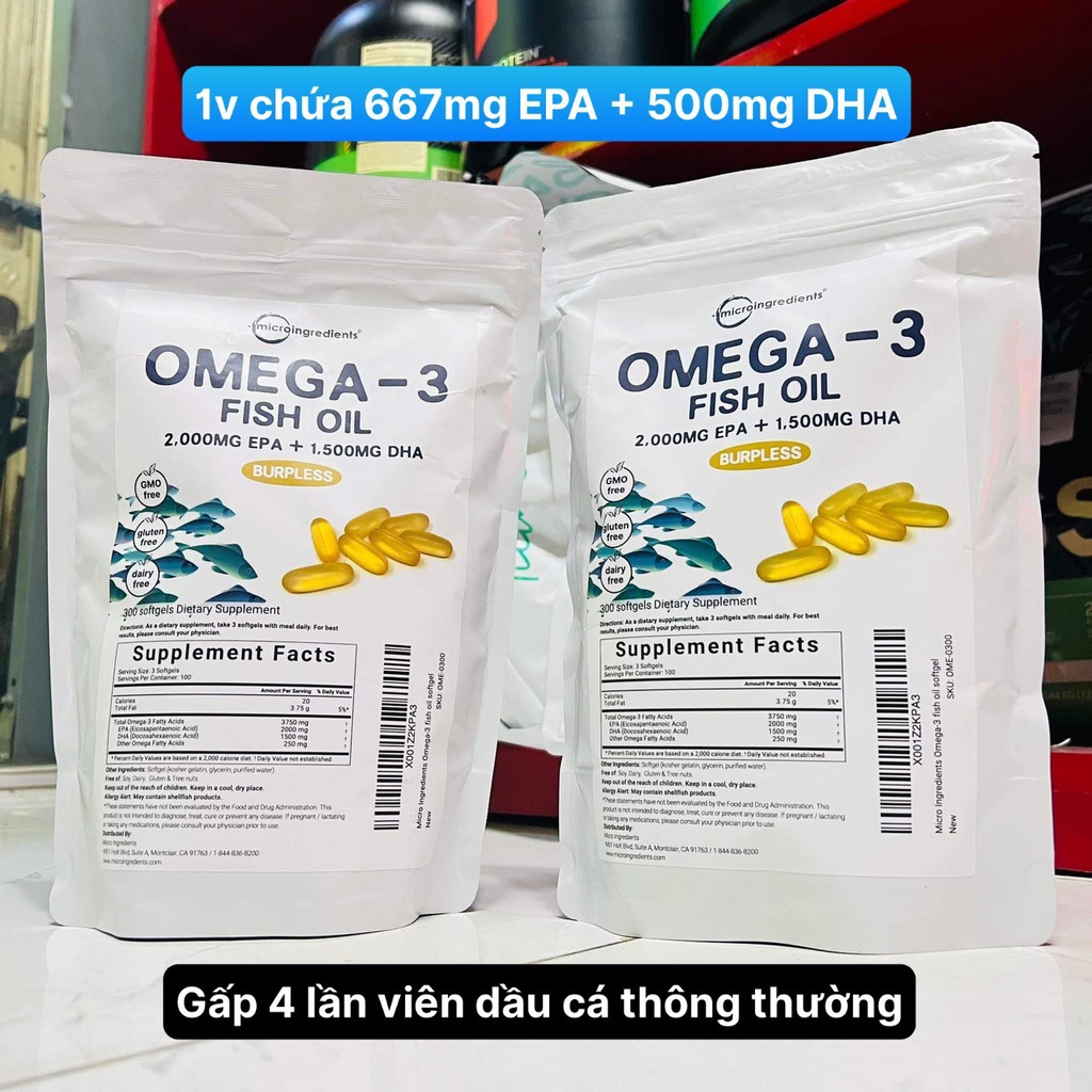 Viên Uống Dầu Cá Micro Ingredients Omega 3 Fish Oil, Vị Chanh (200 viên) | Nhập Khẩu USA