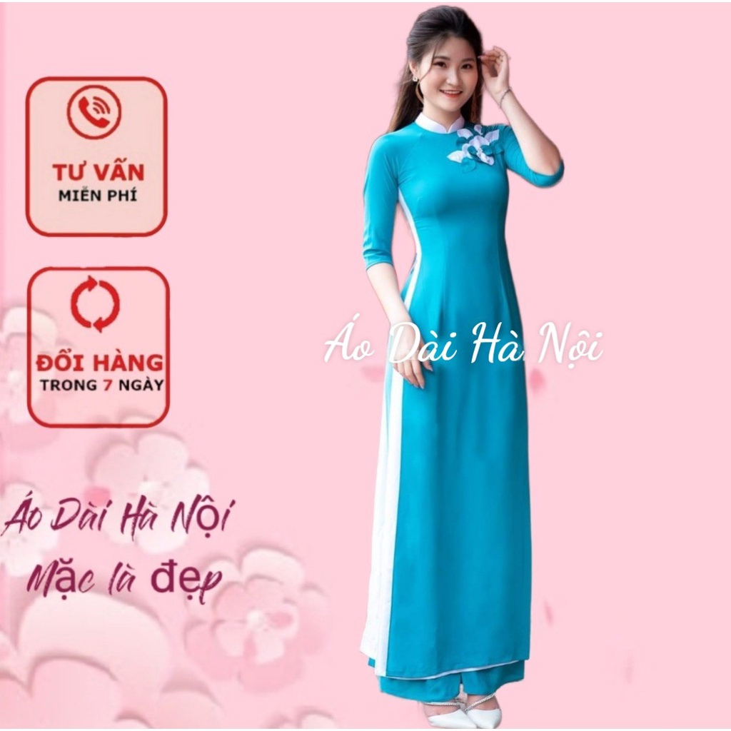 Áo dài màu xanh cổ vịt may cách điệu đính hoa xinh - Áo Dài Hà Nội