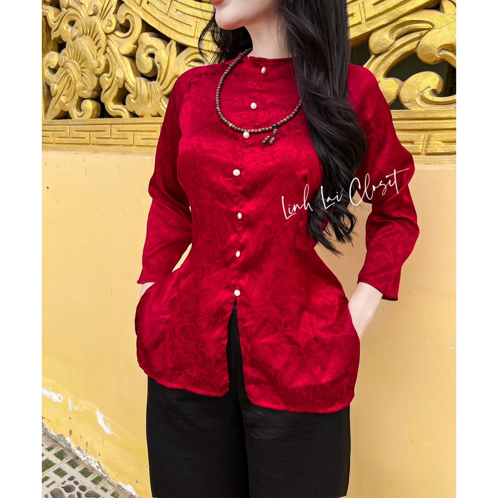 Bộ lam bà ba tay lỡ nút ngọc quần ống suông