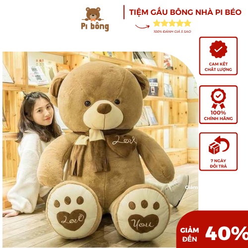 Gấu bông to Teddy quàng khăn chất liệu vải nhung Hàn Quốc, gối ôm thú hình thú siêu to cute