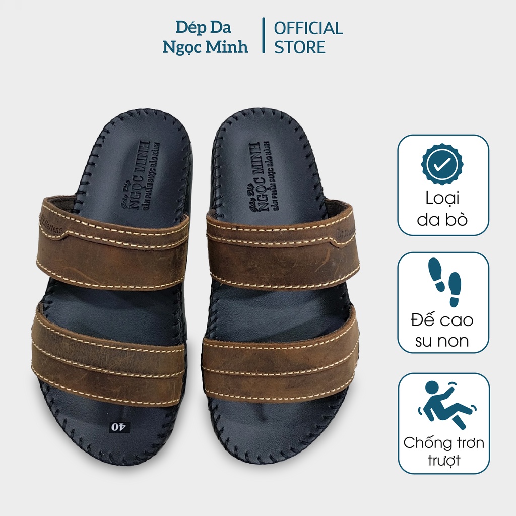 Dép nam quai ngang da bò 100 %, thiết kế 2 quai dày dặn, may viền chắc chắn, đế cao su không trơn trượt MS 19