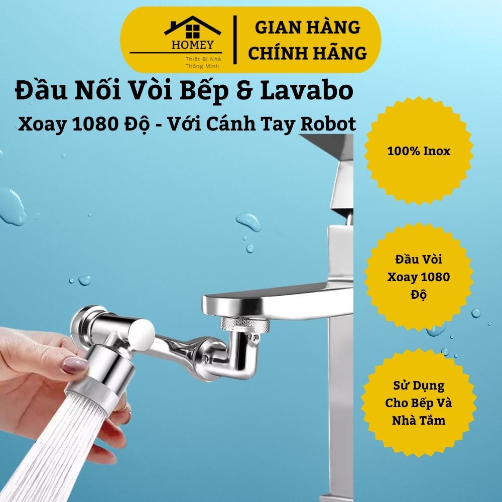 Homey - Đầu nối vòi nước lavabo thông minh xoay 1080 độ - Vòi nước lắp chậu rửa bát chén lavabo với 2 chế độ nước chảy