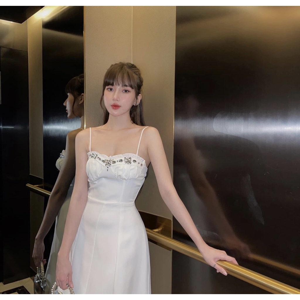 Đầm Nữ Hai Dây Yếm Dáng Xòe Đính Đá Sang Chảnh, Đầm Dự Tiệc Nữ Sang Trọng Tôn Dáng Cao Cấp Sunhouseclothes