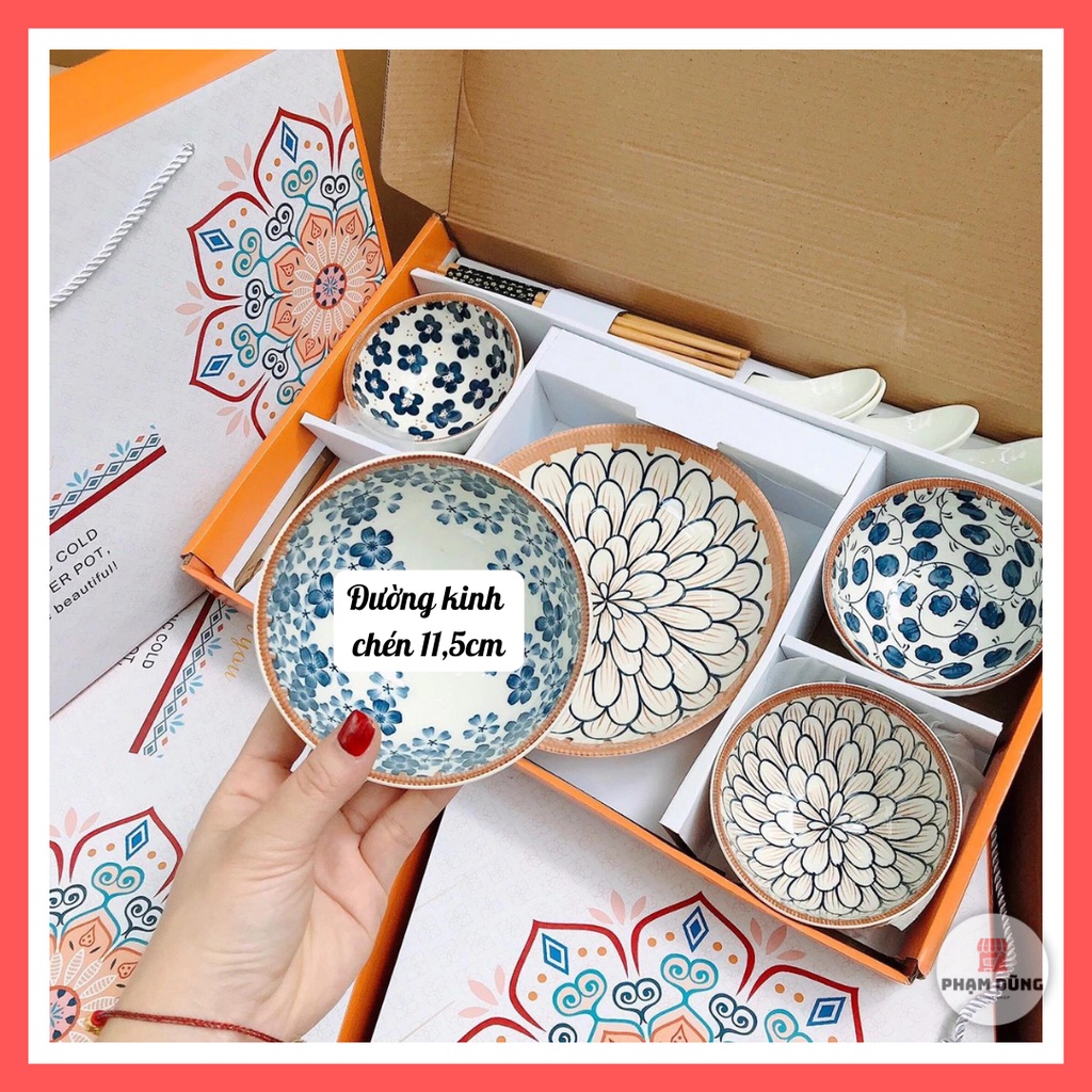 Bộ 5 chén dĩa kèm muỗng đũa sang trọng , hộp quà tặng 5 bát đĩa họa tiết kèm thìa đũa phong cách Nhật