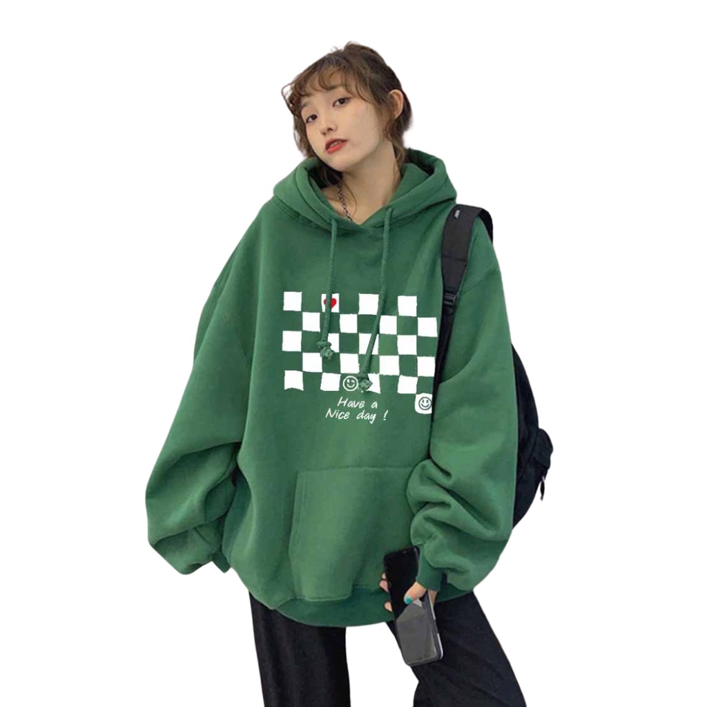 Hot Áo Hoodie bàn cờ 2 màu Xanh rêu, đen chất liệu nỉ bông siêu ấm Mẫu Trend 2023 fom rộng nam nữ.