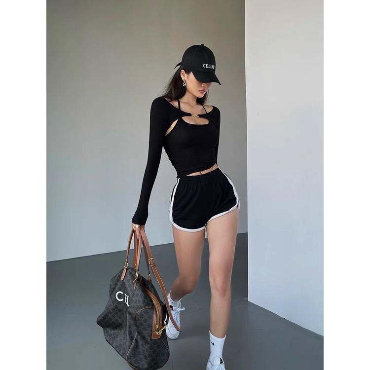 Áo croptop tay dài ôm body khoét ngực gợi cảm, Áo yếm cột dây tay dài A1612