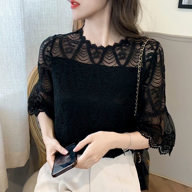 Áo Sơ Mi Tay Lửng Phối Ren Màu Trắng Thời Trang Mùa Hè Cho Nữ