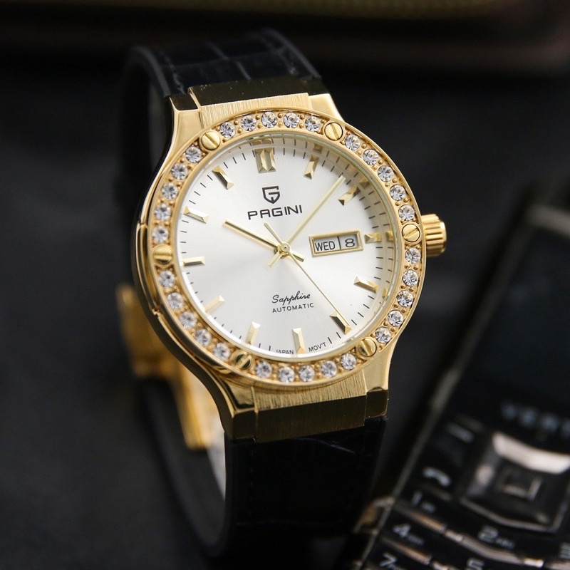 Đồng Hồ Nam Chính Hãng PAGINI Viền Đá Trắng Dây Đen Sang Trọng, Chống Xước, Chống Nước - BH 1 đổi 1