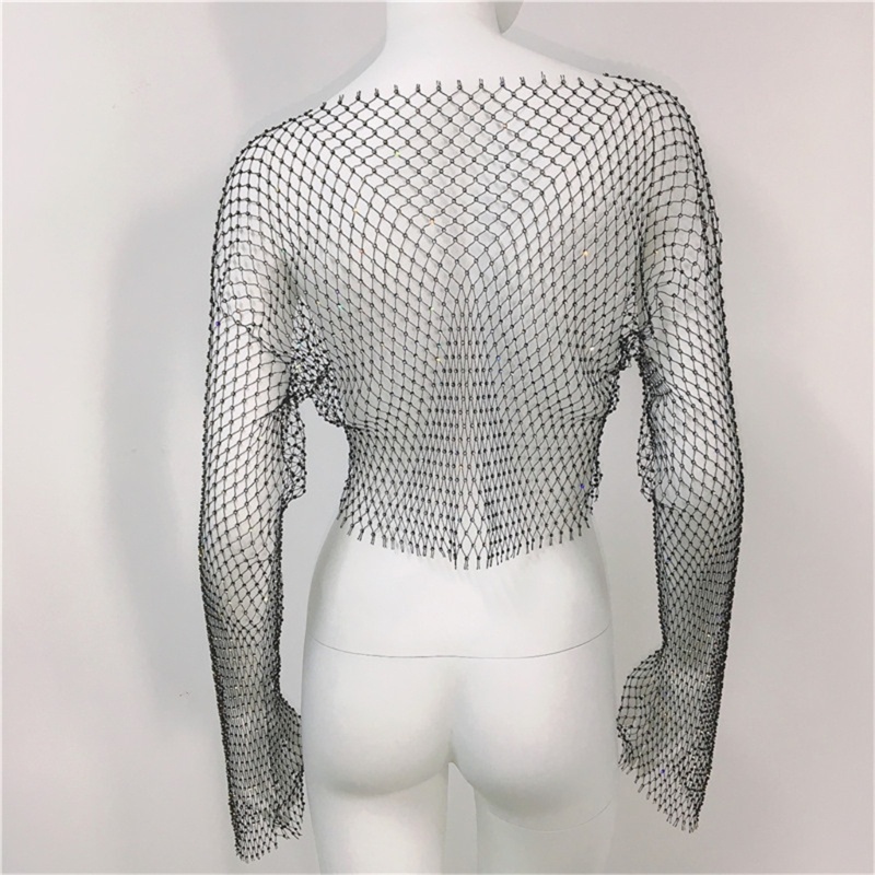 Áo Croptop Tay Dài Loe Phối Lưới Đính Đá Lấp Lánh Thời Trang Cho Nữ