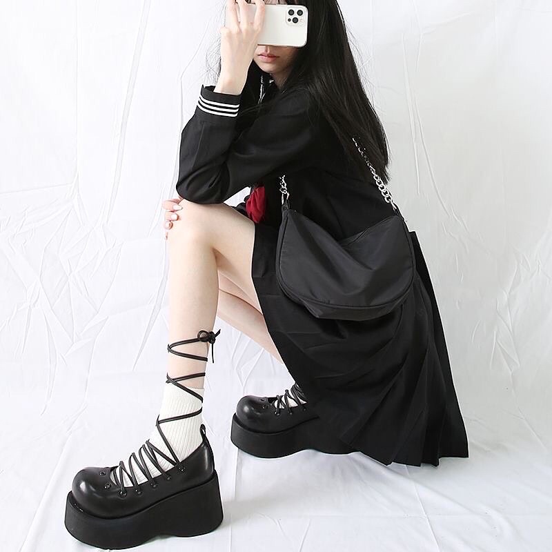 Giày lolita lỗ xỏ cột dây phong cách nữ sinh Nhật Bản Juice Park đế cao 7,5cm FOOTMADE