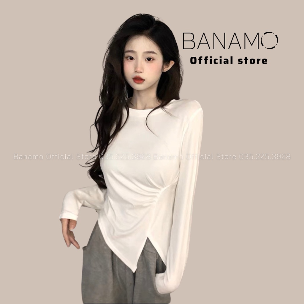 Áo thun nữ Banamo Fashion thun dài tay rúm eo vạt lệch 3131
