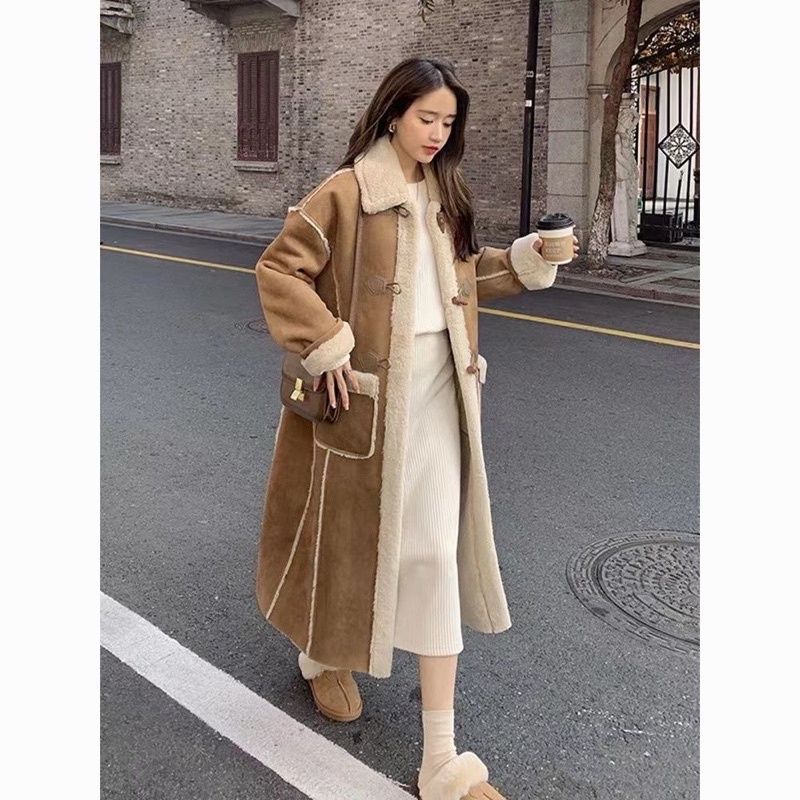 Áo khoác da lộn lót lông siêu ấm dáng dài màu nâu phong cách Hàn quốc