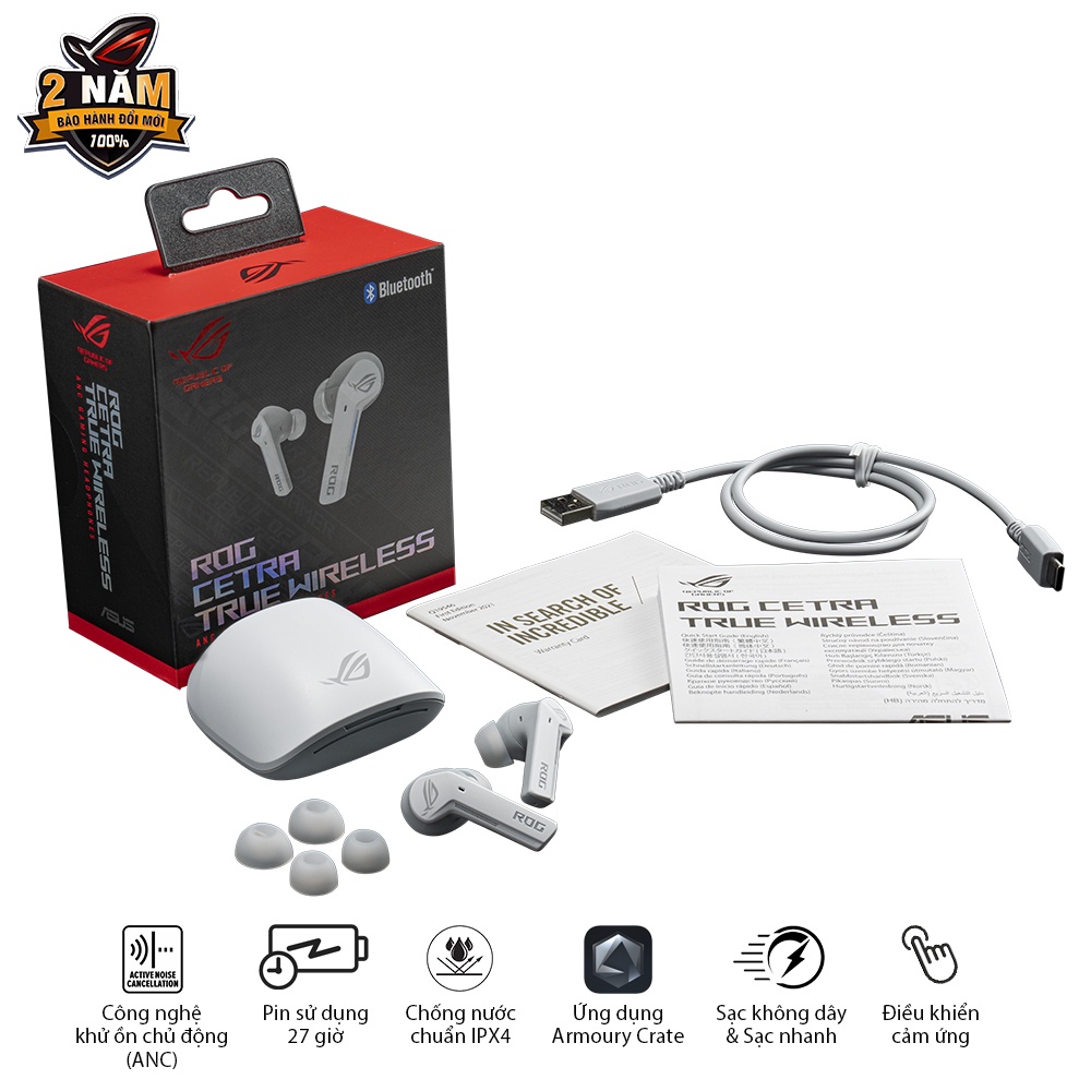 Tai nghe chơi game in-ear không dây ASUS ROG Cetra True Moonlight White Khử ồn chủ động (ANC), Pin 27h, Sạc nhanh