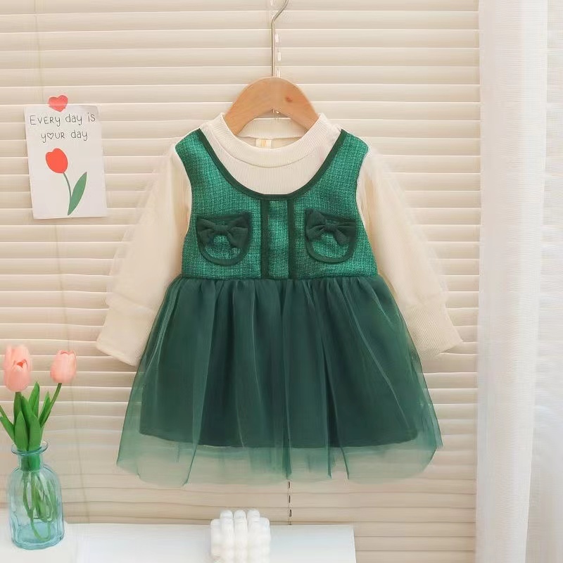 Đầm Dài Tay Phối Lưới Xinh Xắn Dành Cho Bé Gái 0-4 Tuổi