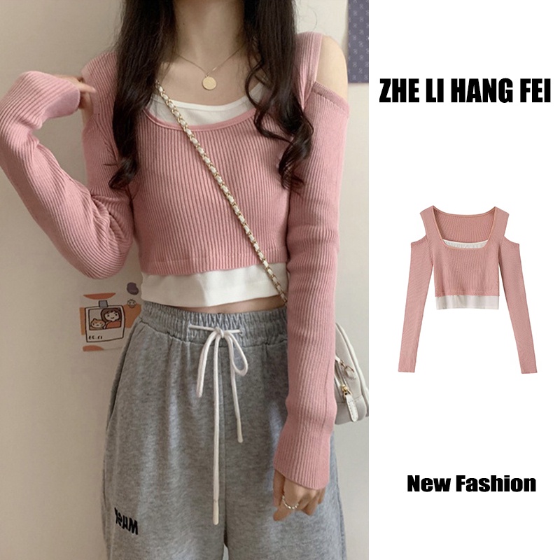 Áo dệt kim ZHELIHANGFEI tay dài trễ vai giả hai lớp phong cách thời trang cá tính cho nữ