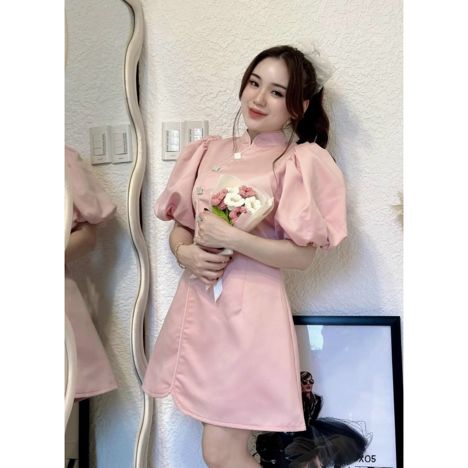 Đầm tiểu thư đi chơi ,đầm nữ cách tân cổ lọ phối khuy áo dài chéo mix tay phồng chất tapta lên form đẹp