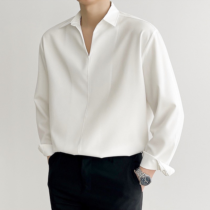 Sơ mi nam cổ chữ V, form rộng Unisex nam nữ tay dài không có khuy phong cách Hàn Quốc AUTOMAN A67