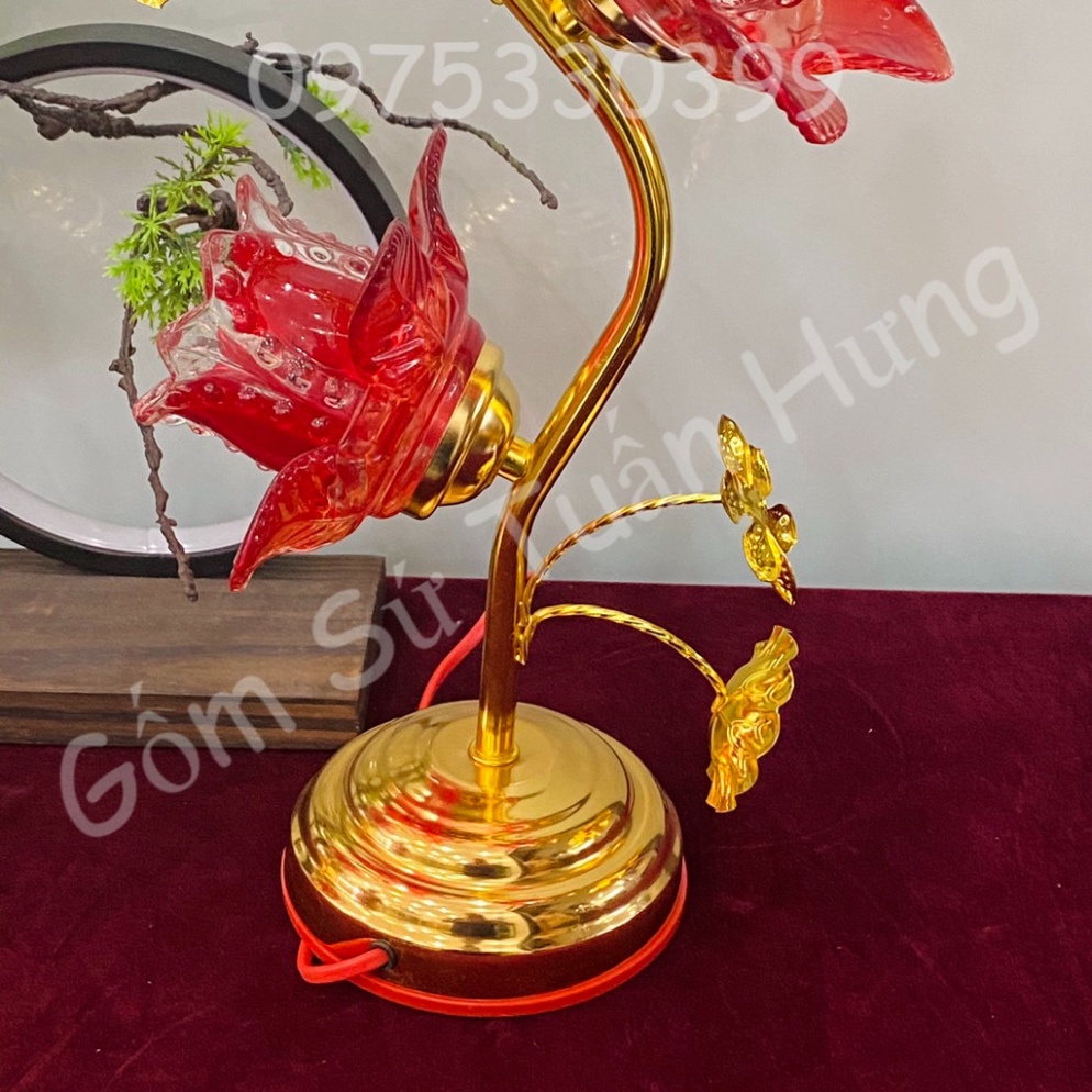 Đèn thờ hoa sen bông thủy tinh ánh sáng vàng, đèn thờ thủy tinh ba bông