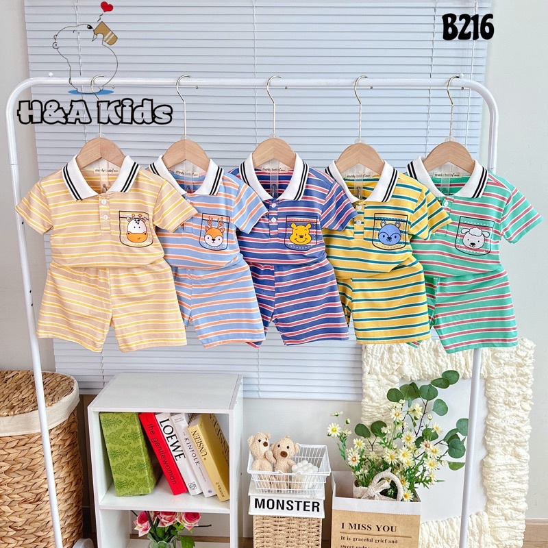 Bộ cộc tay kẻ sọc cổ trụ bẻ Minly Baby chất thun lạnh Visco cao cấp siêu mềm mát cho bé trai