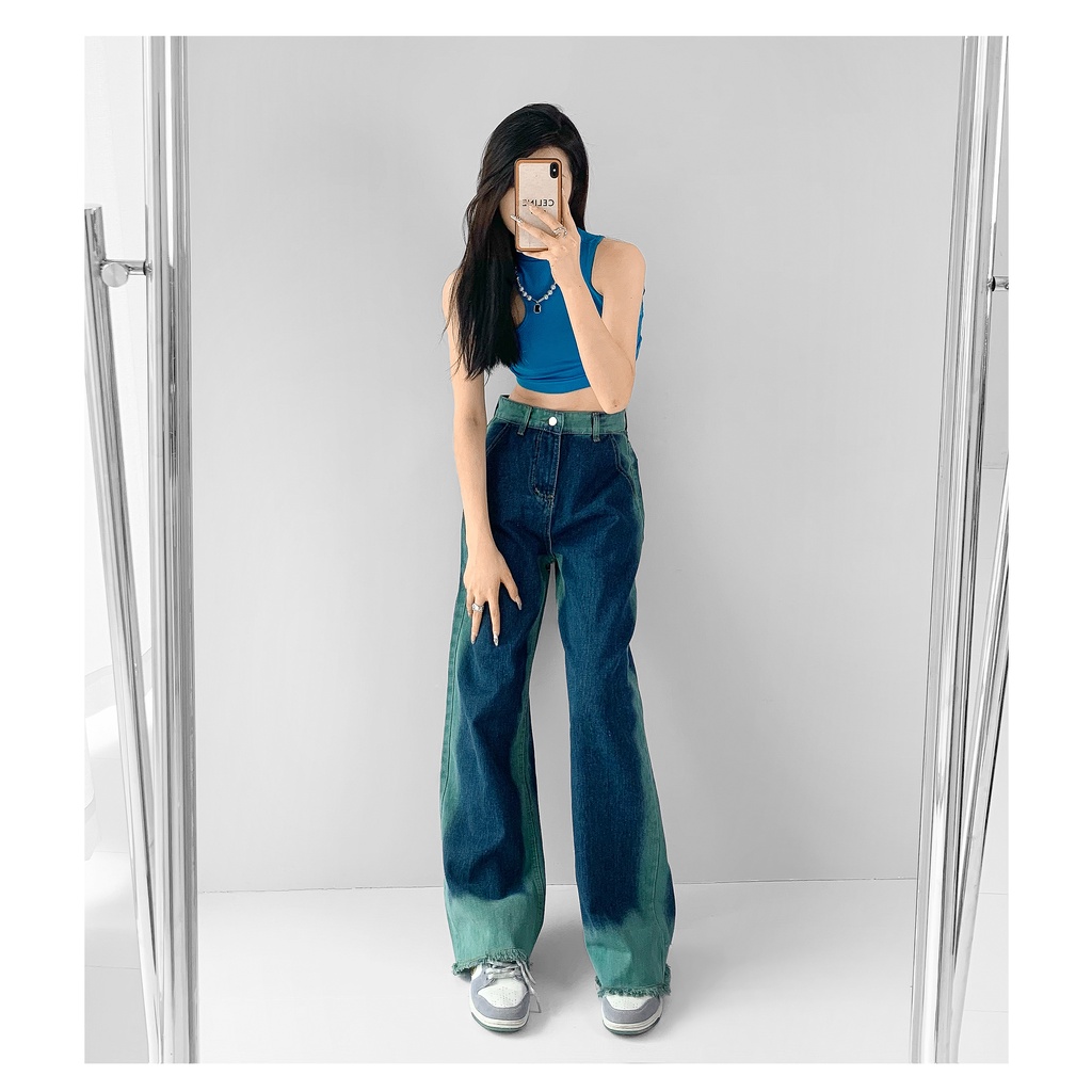 Quần jeans xanh đậm ống rộng loang màu xanh bạc hà (2 ảnh thật cuối)