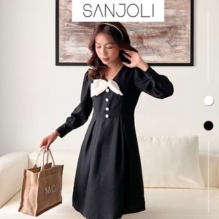 Đầm dự tiệc công sở nữ Sanjoli dáng xòe tay dài thiết kế nơ ngực tiểu thư phong cách vintage VD017