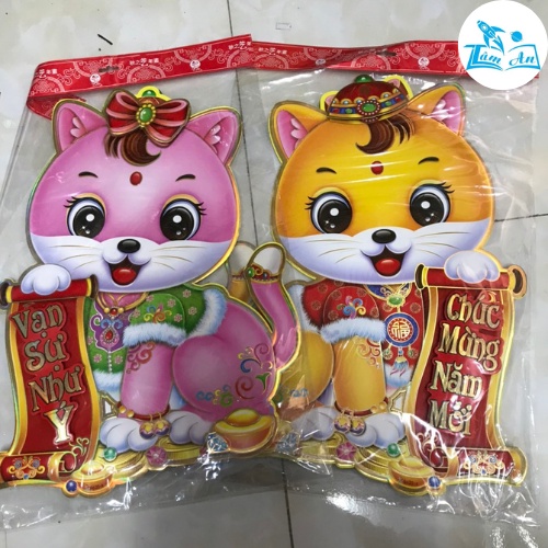 Hình thần tài 3D trang trí tết, hình con mèo, trang trí cửa kính 40,60cm 2 chiếc [Ảnh thật]
