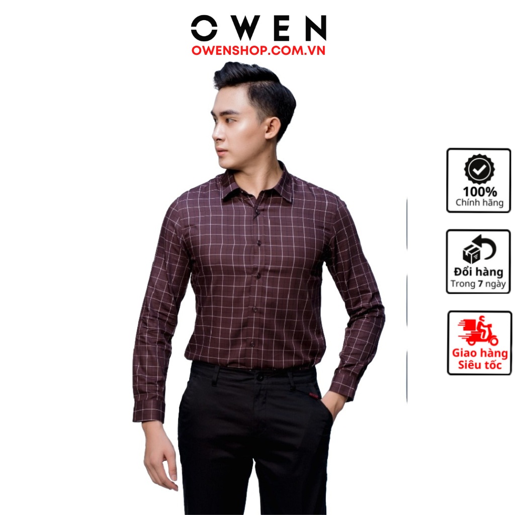Áo sơ mi công sở nam cao cấp OWEN AS61012D somi dáng slim fit tà lượn không túi dài tay Màu Nâu Café Caro Trắng Đen