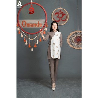Pháp Phục Nữ Cao Cấp, Set Bộ Linen Cổ Tàu Màu Ca Cao Phối Be Họa Tiết Thêu Logo Hình Thiền Sư - Bộ Thụy Miên Omanda