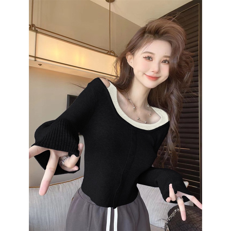 ZHELIHANGFEI Áo len dệt kim nữ dài tay hai mảnh có cổ cao thon gọn tất cả các chốt gợi cảm