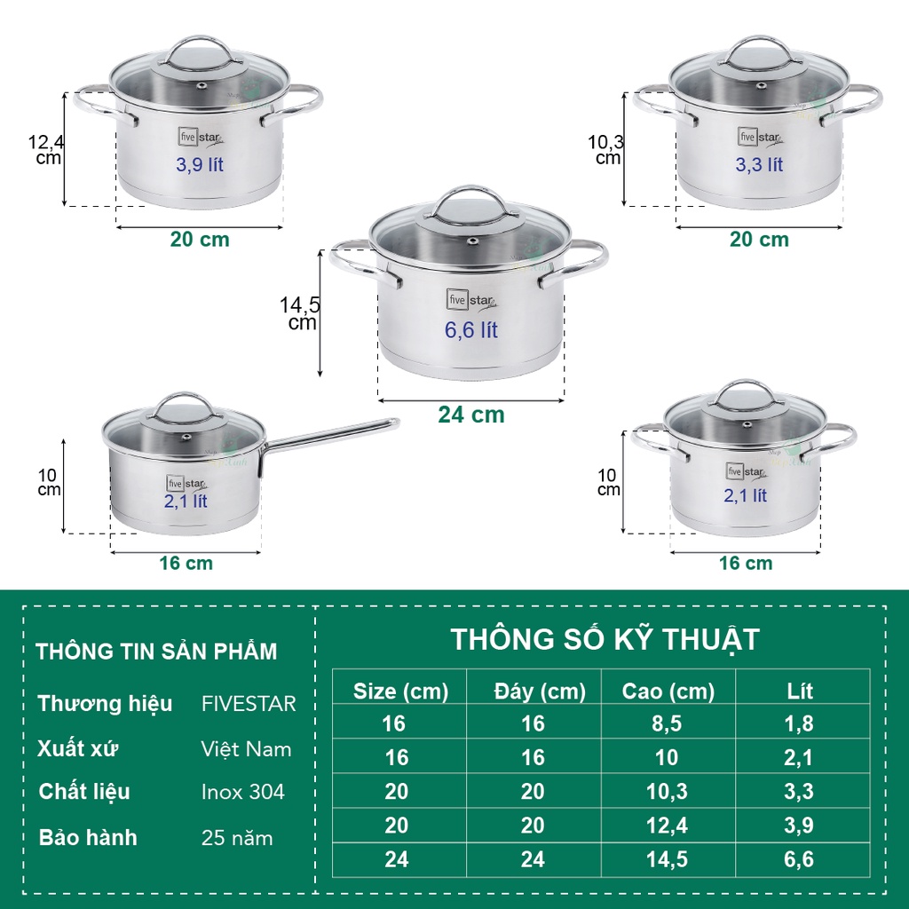 Bộ nồi quánh 3 đáy inox 304 FiveStar Plus kiểu Silit 5 chiếc nắp kính (quánh16cm xN16cmx2N 20cm x1N24cm