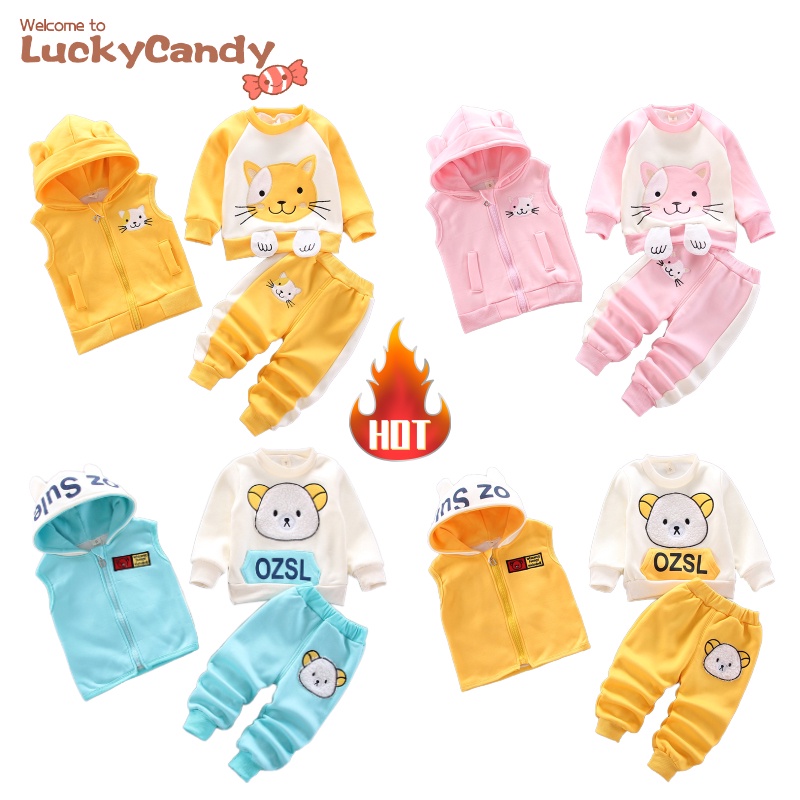 Set quần áo và áo khoác Luckycandy thiết kế hoạt hình cho trẻ 0-3 tuổi mặc mùa đông