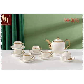 Bộ ấm chén pha trà kèm đĩa lót chén mà trắng viền vàng, hàng đẹp
