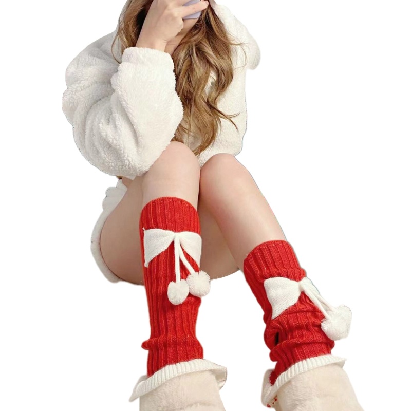 Vớ Dài Dệt Kim Giữ Ấm Chân Viền Bèo Đính Nơ Pompom Mừng Năm Mới Cho Nữ