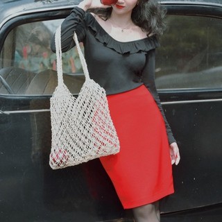 Chân váy midi màu đỏ phong cách retro Pháp