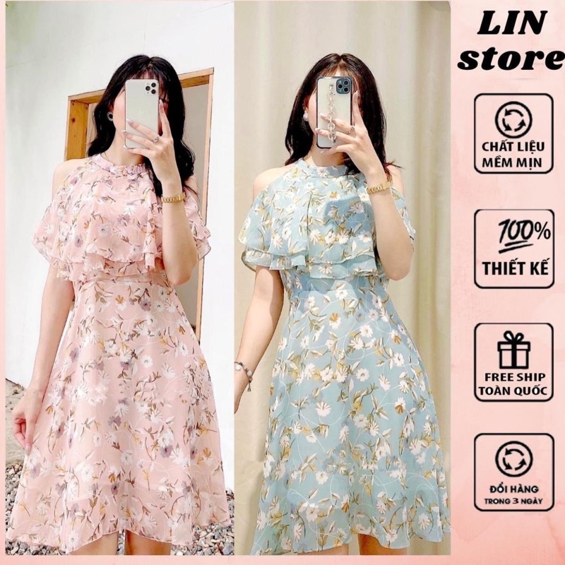 Váy Nữ Hoa Khoét Vai,Đầm Đi Biển, Đi Chơi Chất Liệu Voan Lụa hai lớp, (mặc 2 kiểu) LINSTORE Thiết Kế