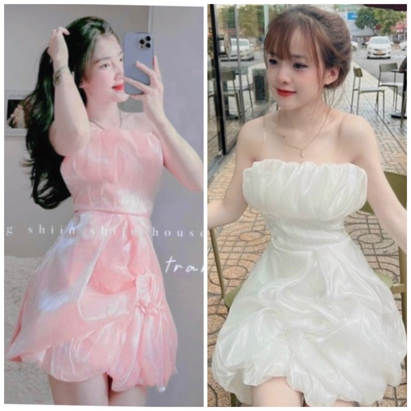 Đầm dự tiệc nhún ngực xoè tùng bí phong cách ngọt ngào