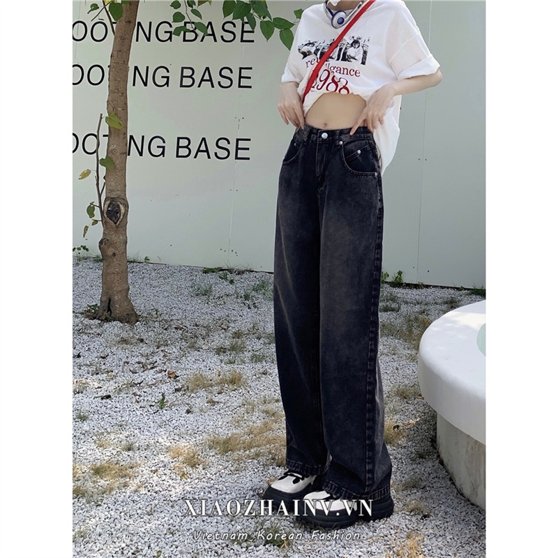 Xiaozhainv Quần jeans XIAO ZHAI NV lưng cao ống rộng màu đen phong cách cổ điển cho nữ