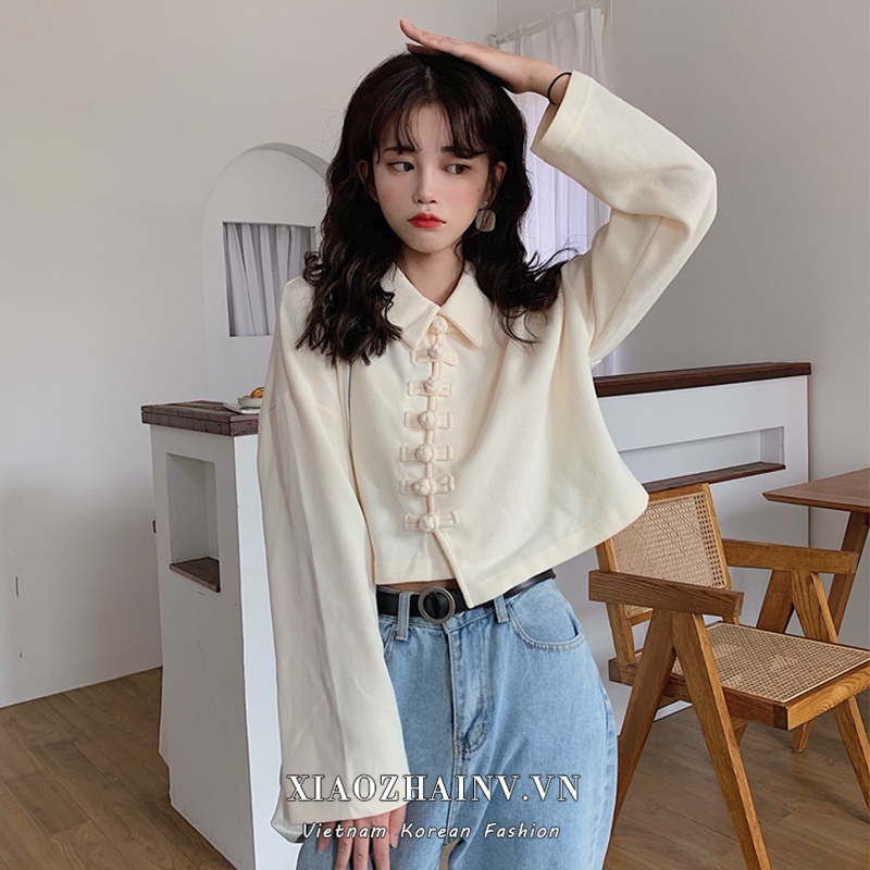Áo sơ mi XIAOZHAINV tay dài cổ bẻ phối nút cài phong cách Hàn Quốc thời trang cho nữ