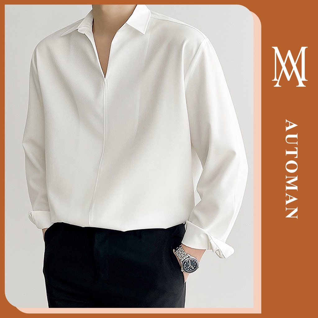 Sơ mi nam cổ chữ V, form rộng Unisex nam nữ tay dài không có khuy phong cách Hàn Quốc AUTOMAN A67