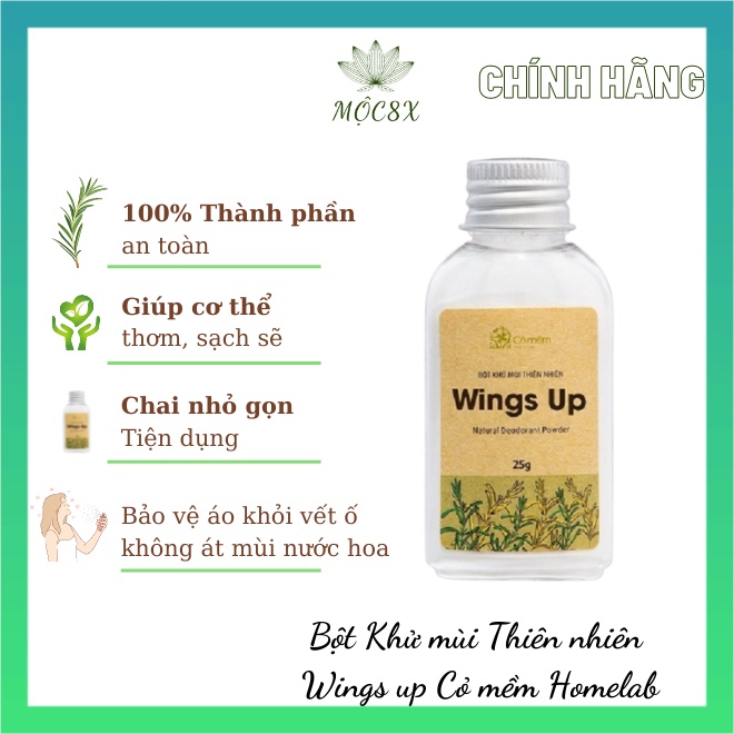 Bột Khử mùi Thiên nhiên Wings Up Cỏ mềm Khô thoáng An toàn cho Da Lọ 25 gr - Mộc 8X