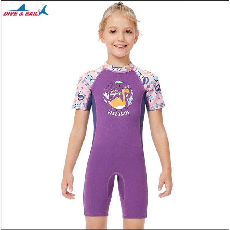 Đồ bơi giữ nhiệt ngắn tay dày 2.5mm bé gái dây kéo sau M151667K mẫu tím khủng long