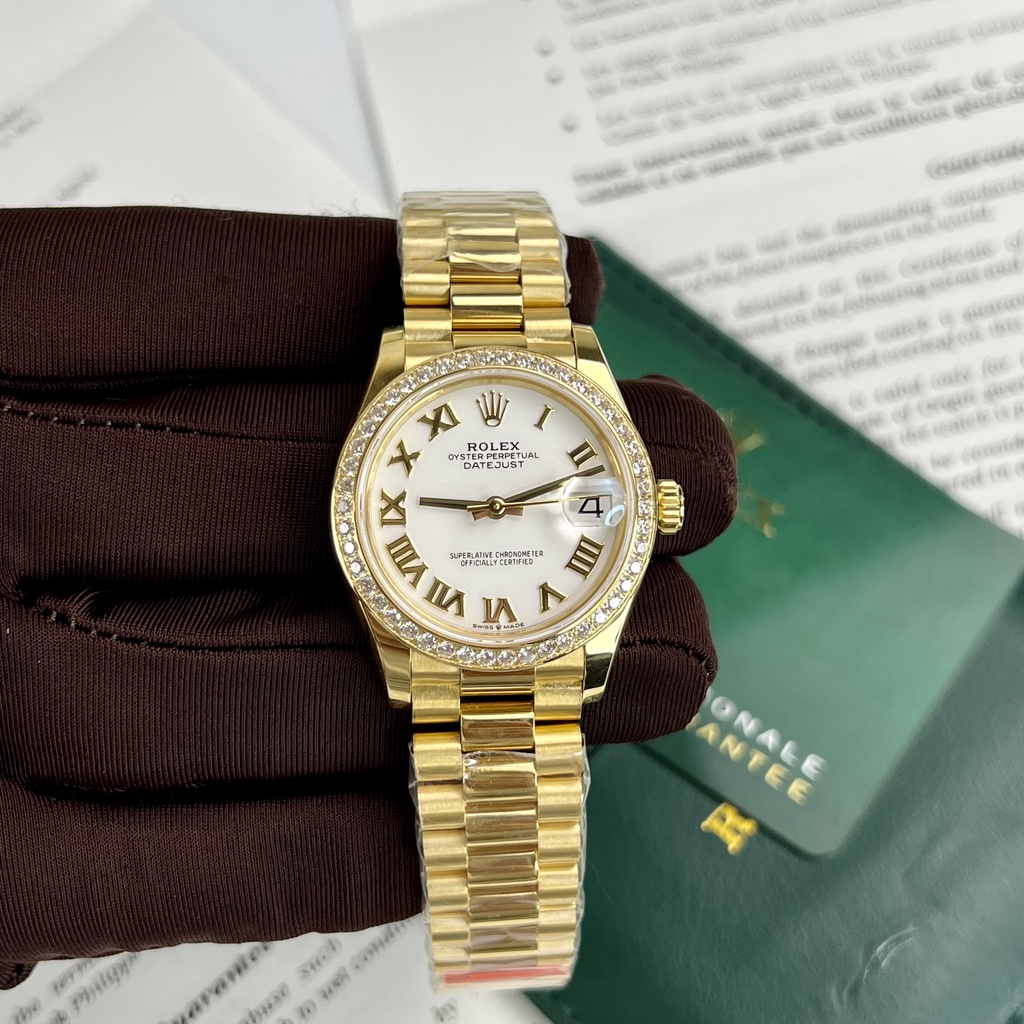 Đồng hồ nữ Rolex Date Just Gold 32mm máy ETA Calibre 3235 28800mph, khung + dây mạ vàng 18k