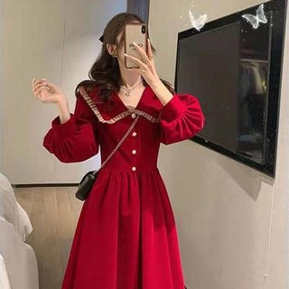 Hàng Có Sẵn!✨Đầm Đỏ Dáng Dài Phong Cách Retro Thời Trang Thu Đông Năm Mới 2022